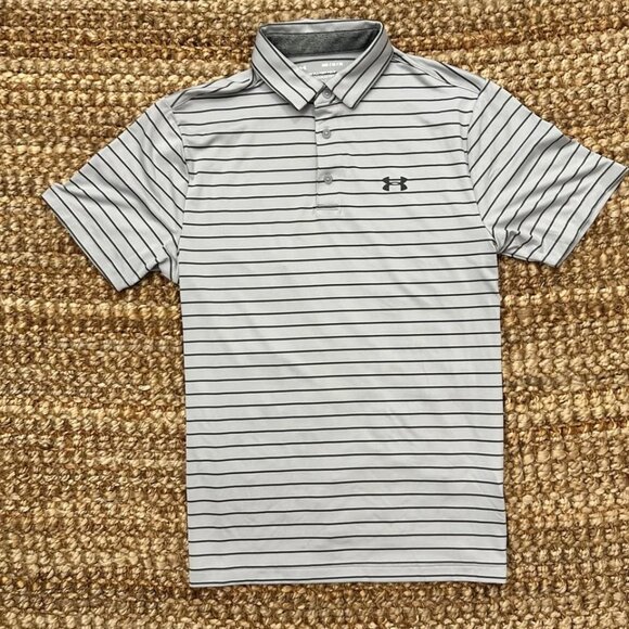 Under Armour Playoff Polo Shirt (Medium) Gray Black Stripe Mens - Picture 2 of 6